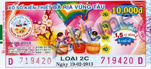 Mẫu vé sô xổ số Vũng Tàu ngày 19/2/2013