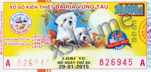 Mẫu vé sô xổ số Vũng Tàu ngày 20/1/2015