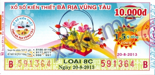 Mẫu vé sô xổ số Vũng Tàu ngày 20/8/2013
