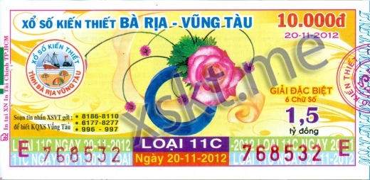 Mẫu vé sô xổ số Vũng Tàu ngày 20/11/2012