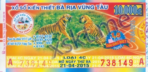 Mẫu vé sô xổ số Vũng Tàu ngày 21/4/2015