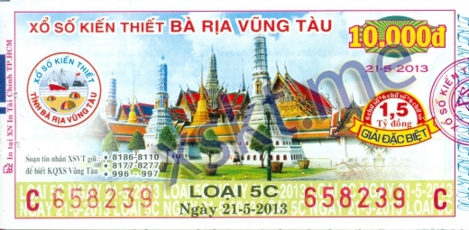 Mẫu vé sô xổ số Vũng Tàu ngày 21/5/2013