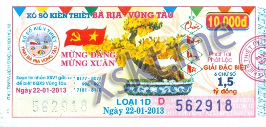 Mẫu vé sô xổ số Vũng Tàu ngày 22/1/2013