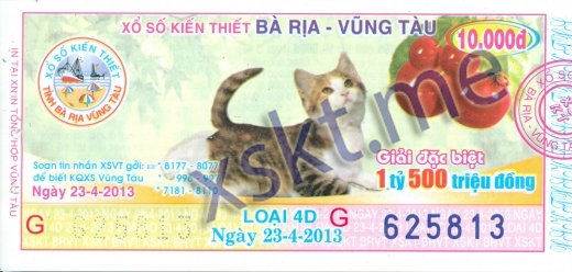 Mẫu vé sô xổ số Vũng Tàu ngày 23/4/2013