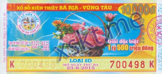 Mẫu vé sô xổ số Vũng Tàu ngày 23/6/2015