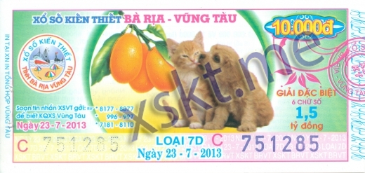 Mẫu vé sô xổ số Vũng Tàu ngày 23/7/2013