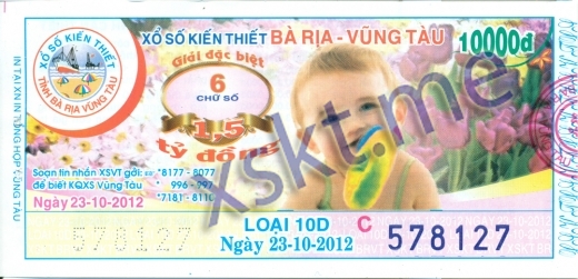 Mẫu vé sô xổ số Vũng Tàu ngày 23/10/2012