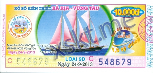 Mẫu vé sô xổ số Vũng Tàu ngày 24/9/2013
