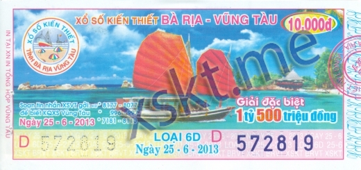 Mẫu vé sô xổ số Vũng Tàu ngày 25/6/2013