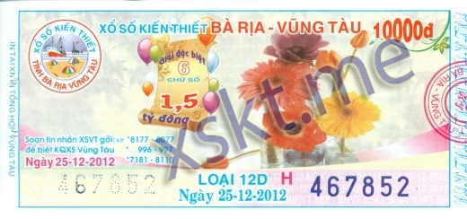 Mẫu vé sô xổ số Vũng Tàu ngày 25/12/2012
