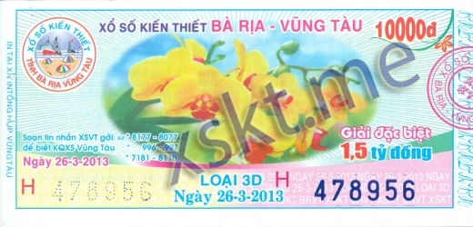 Mẫu vé sô xổ số Vũng Tàu ngày 26/3/2013