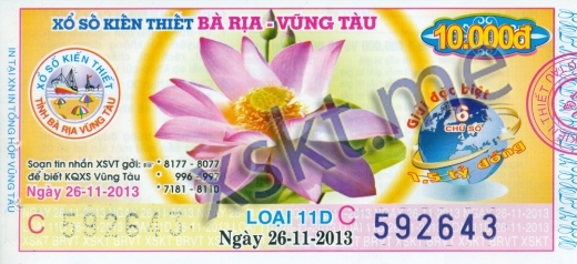 Mẫu vé sô xổ số Vũng Tàu ngày 26/11/2013