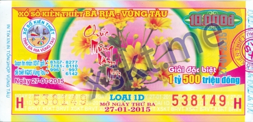 Mẫu vé sô xổ số Vũng Tàu ngày 27/1/2015