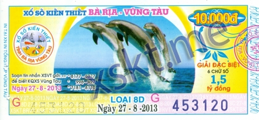 Mẫu vé sô xổ số Vũng Tàu ngày 27/8/2013