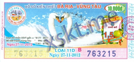 Mẫu vé sô xổ số Vũng Tàu ngày 27/11/2012