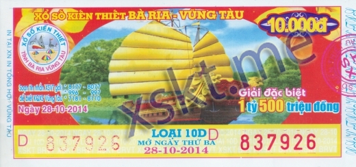 Mẫu vé sô xổ số Vũng Tàu ngày 28/10/2014
