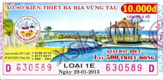 Mẫu vé sô xổ số Vũng Tàu ngày 29/1/2013