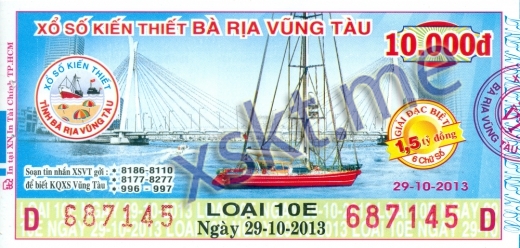 Mẫu vé sô xổ số Vũng Tàu ngày 29/10/2013