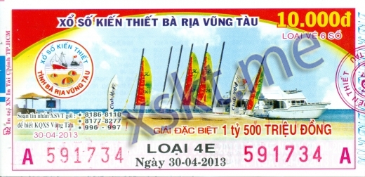 Mẫu vé sô xổ số Vũng Tàu ngày 30/4/2013