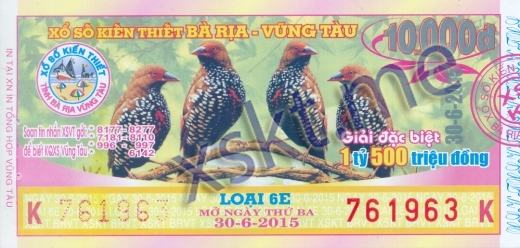 Mẫu vé sô xổ số Vũng Tàu ngày 30/6/2015