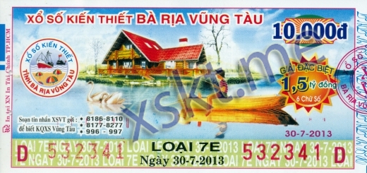 Mẫu vé sô xổ số Vũng Tàu ngày 30/7/2013
