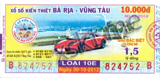 Mẫu vé sô xổ số Vũng Tàu ngày 30/10/2012