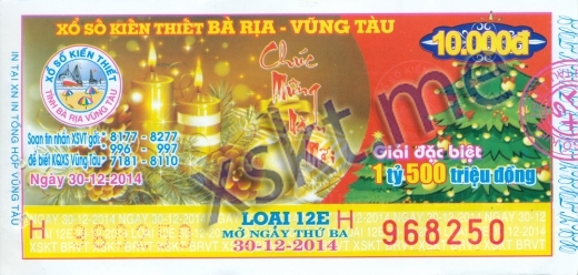 Mẫu vé sô xổ số Vũng Tàu ngày 30/12/2014