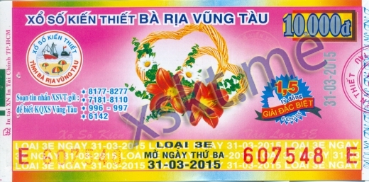 Mẫu vé sô xổ số Vũng Tàu ngày 31/3/2015